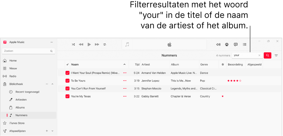 Het Apple Music-venster met de lijst met nummers die worden weergegeven wanneer rechtsboven in het filterveld het woord "love" wordt getypt. De nummers in de lijst hebben het woord "love" in de titel of in de naam van de artiest of het album.