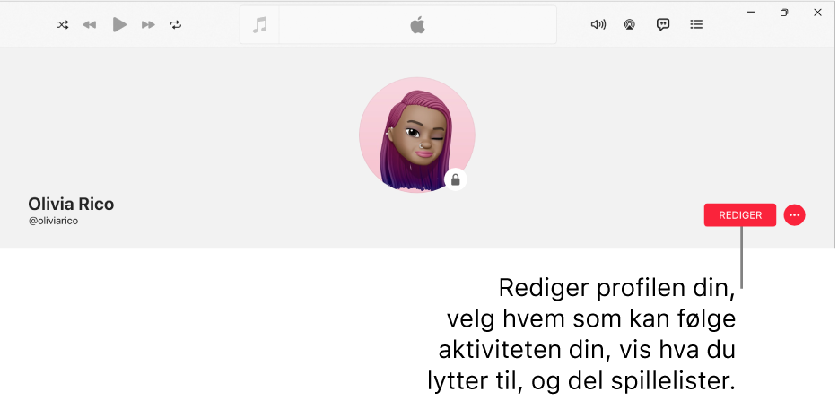 Profilsiden i Apple Music: Til høyre i vinduet er Rediger-knappen som du kan velge for å redigere profilen din, velge hvem som kan følge aktivitetene dine, vise hva du lytter til og dele spillelister.