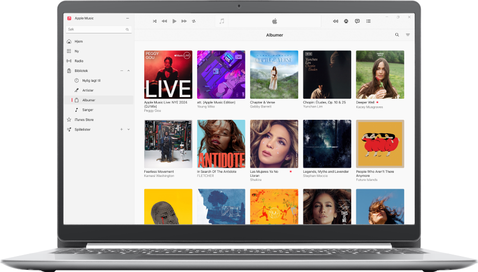 Apple Music-vinduet, med et bibliotek med albumer.