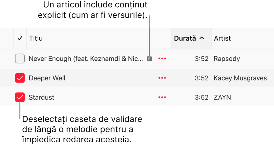 Detaliu al listei de melodii din Apple Music, prezentând casetele de validare și un simbol explicit pentru prima melodie (indicând că are conținut explicit, cum ar fi versurile). Deselectați caseta de validare de lângă o melodie pentru a împiedica redarea acesteia.