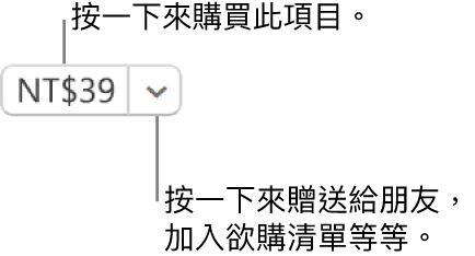 顯示價格的按鈕。選取價格來購買項目。選取價格旁邊的箭頭來送禮給朋友、加入欲購清單，以及進行其他操作。