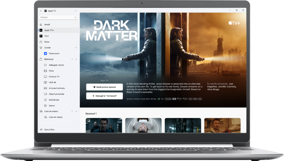 Fereastra aplicației Apple TV afișând Apple TV+.