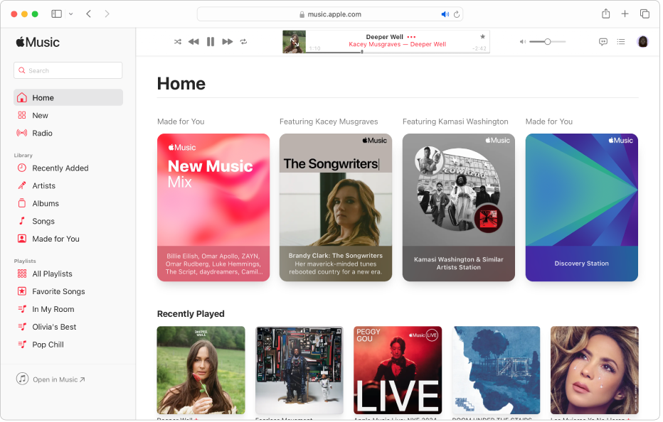 Το παράθυρο Apple Music στο Safari όπου φαίνεται η οθόνη της Αρχικής σελίδας.