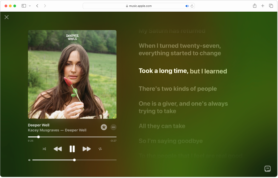 The Full Screen Player with a song playing and lyrics on the right, which appear onscreen in time with the music.