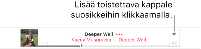 Apple Musicin yläosa, jossa näkyy toistettava kappale. Merkitse parhaillaan toistettava kappale suosikiksi klikkaamalla kappaleen oikealla puolella olevaa Suosikit-painiketta.