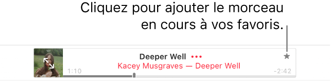 La partie supérieure d’Apple Music avec un morceau en cours de lecture. Cliquez sur le bouton Favoris à droite du titre du morceau pour ajouter le morceau en cours de lecture aux favoris.