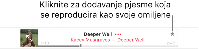 Vrh usluge Apple Music s reprodukcijom pjesme. Kliknite tipku Omiljeno s desne strane naslova pjesme za označavanje pjesme koja se reproducira kao omiljene.