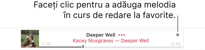 Partea de sus din Apple Music cu o melodie în redare. Faceți clic pe butonul Favorite în dreapta titlului unei melodii pentru a marca melodia în curs de redare drept favorită.