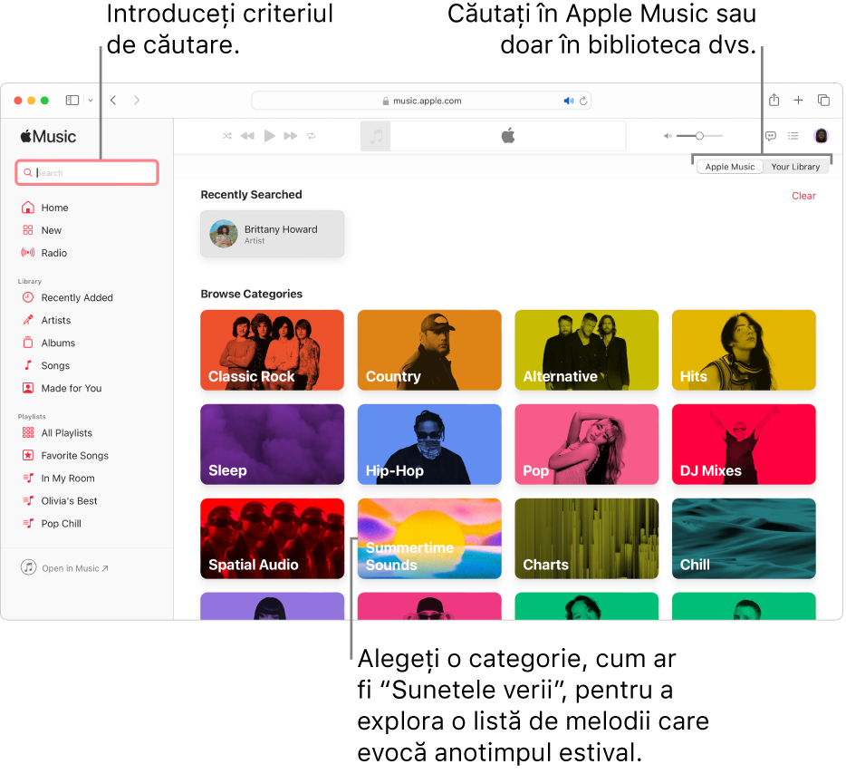 Fereastra Apple Music afișând câmpul de căutare în colțul din stânga sus, lista de categorii în centrul ferestrei și Apple Music sau biblioteca dvs. disponibilă în colțul din dreapta sus. Introduceți criterii de căutare în câmpul de căutare, apoi alegeți să căutați în Apple Music sau doar în biblioteca dvs. Opțional, alegeți o categorie, cum ar fi “Sunetele verii”, pentru a explora o listă de melodii care evocă anotimpul estival.