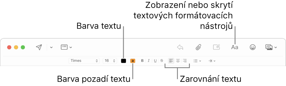 Panel nástrojů a volby formátu v okně nové zprávy s vyznačenou barvou textu, barvou pozadí textu a tlačítky pro zarovnání textu