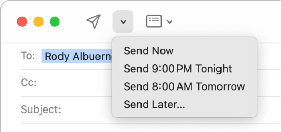 A menu in the message window showing different options for sending an email—Send Now, Send 8:00 AM Tomorrow, and Send Later.