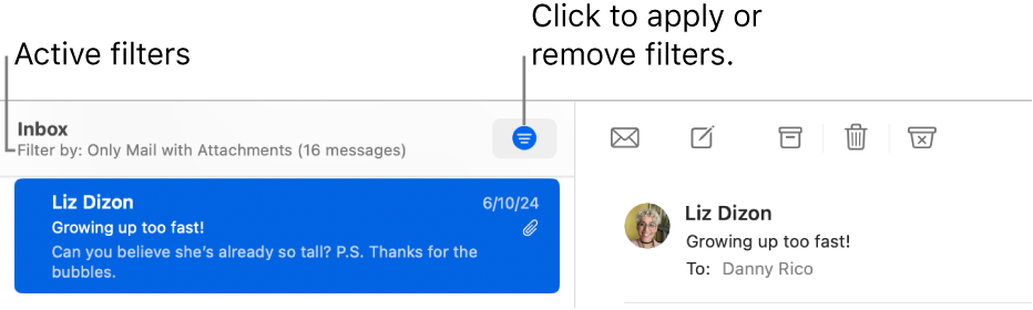 The Mail window showing the toolbar above the message list, where Mail indicates which filters, such as “Only Mail with Attachments,” are applied.