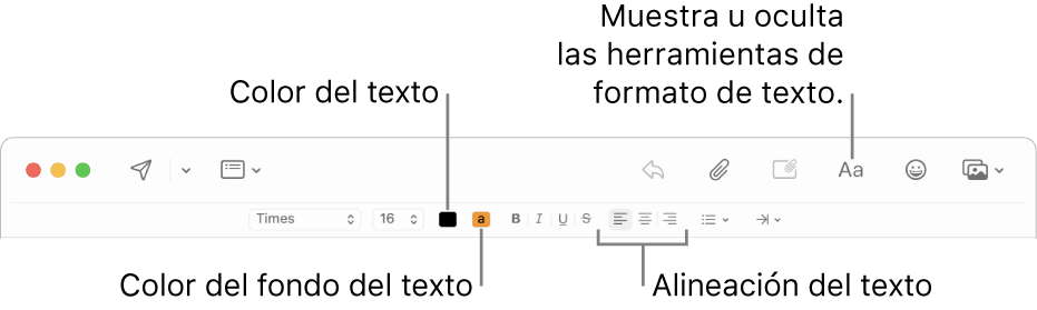 La barra de herramientas y las opciones de formato en una ventana de mensaje nuevo, que indica el color del texto, el color del fondo del texto y los botones de alineación del texto.