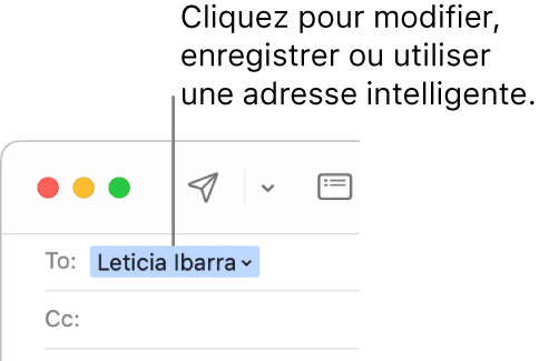 Une adresse intelligente avec la flèche sur laquelle cliquer pour modifier, enregistrer ou manipuler l’adresse.