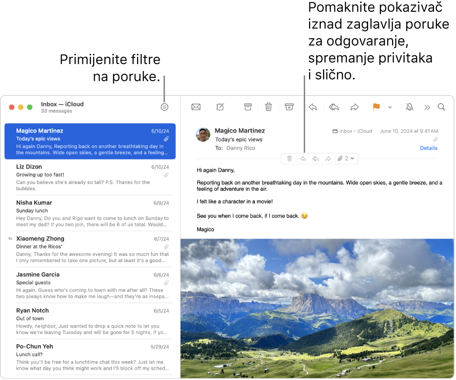 Prozor aplikacije Mail. Kliknite na tipku Filtar u alatnoj traci za primjenu filtara poruka. Za otkrivanje tipki za odgovor, spremanje privitaka i ostalo pomaknite pokazivač na područje zaglavlja poruke.