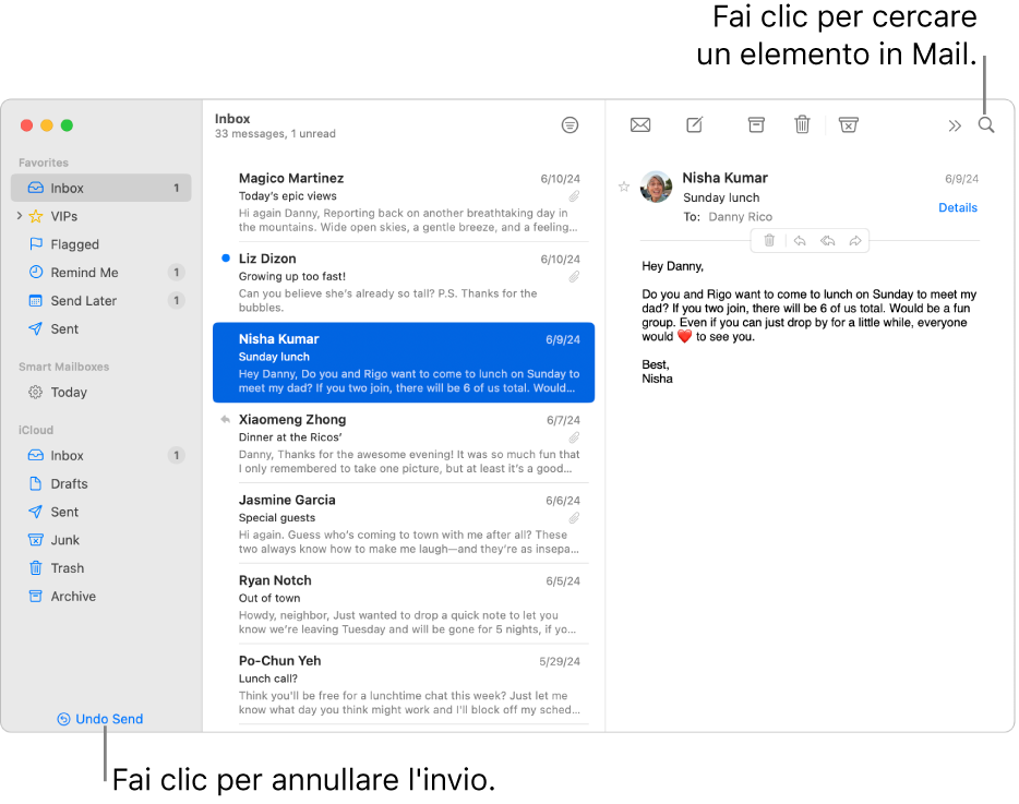 Finestra di Mail con la barra laterale sulla sinistra. Il pulsante “Annulla invio” è alla fine della barra laterale.