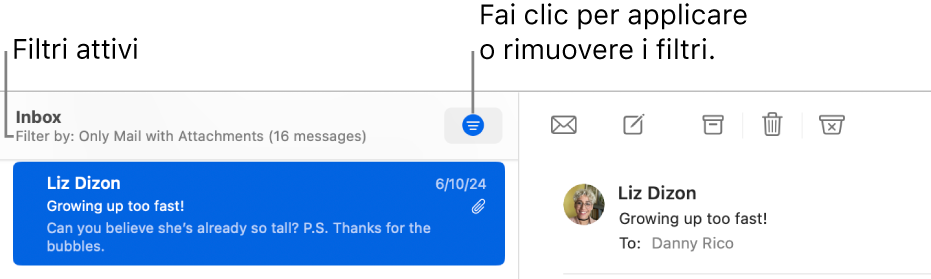 La finestra di Mail mostra la barra strumenti sopra l’elenco dei messaggi, dove Mail indica quali filtri vengono applicati, ad esempio, “Solo email con allegati”.