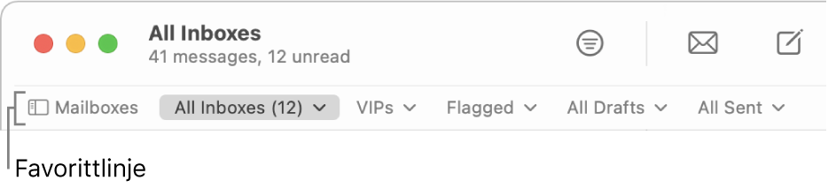 Favorittlinjen, som viser Postkasser-knappen og knapper som gir tilgang til favorittpostkasser, for eksempel VIP-er eller Flagget.