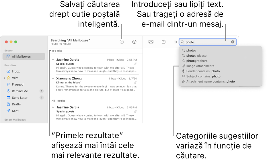 Cutia poștală în care se efectuează căutarea este evidențiată în bara de căutare. Pentru a căuta în altă cutie poștală, faceți clic pe numele acesteia. Puteți să scrieți sau să lipiți text în câmpul de căutare sau puteți să trageți o adresă de e-mail dintr-un mesaj. Pe măsură ce introduceți textul, apar sugestii sub câmpul de căutare. Acestea sunt organizate în categorii, de exemplu Subiect sau Fișiere atașate, în funcție de textul căutat. Primele rezultate afișează la început cele mai relevante rezultate.