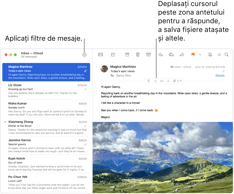 Fereastra Mail. Faceți clic pe butonul Filtru din bara de instrumente pentru a aplica filtre mesajelor. Pentru afișarea butoanelor pentru răspuns, salvarea fișierelor atașate și pentru alte opțiuni, deplasați cursorul deasupra zonei antetului unui mesaj.