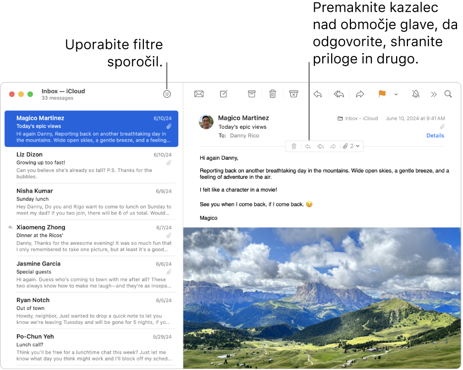 Okno aplikacije Pošta. Za uporabo filtrov sporočil kliknite gumb Filter v orodni vrstici. Če želite prikazati gumbe za odgovarjanje, shranjevanje prilog in druge gumbe, premaknite kazalnik nad območje glave sporočila.