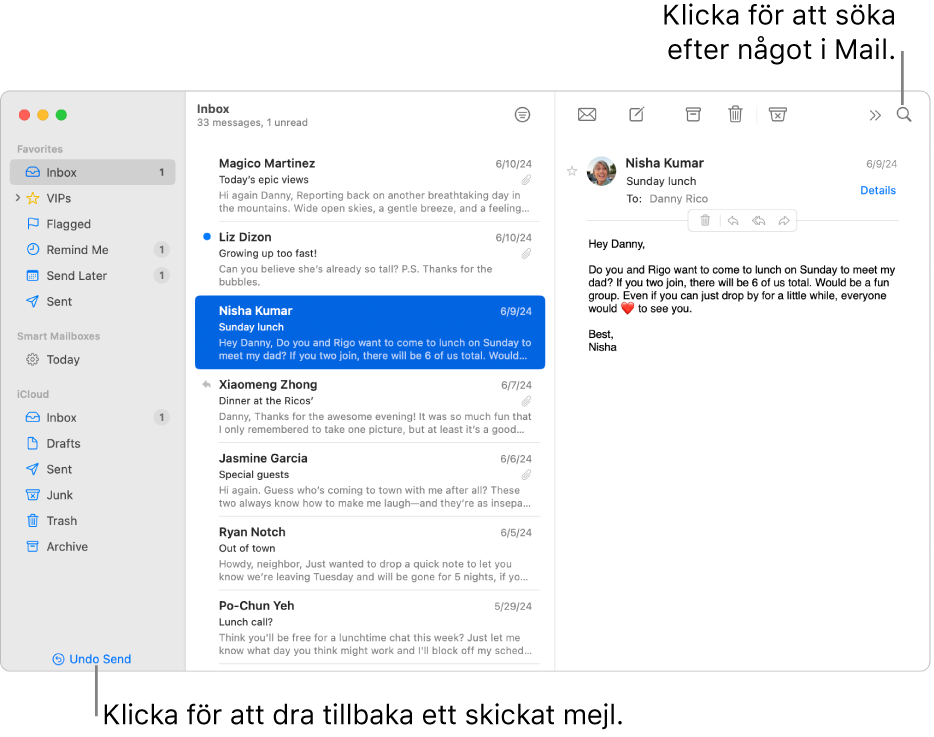 Ett Mail-fönster med sidofältet till vänster. Knappen Dra tillbaka finns i nederkanten av sidofältet.