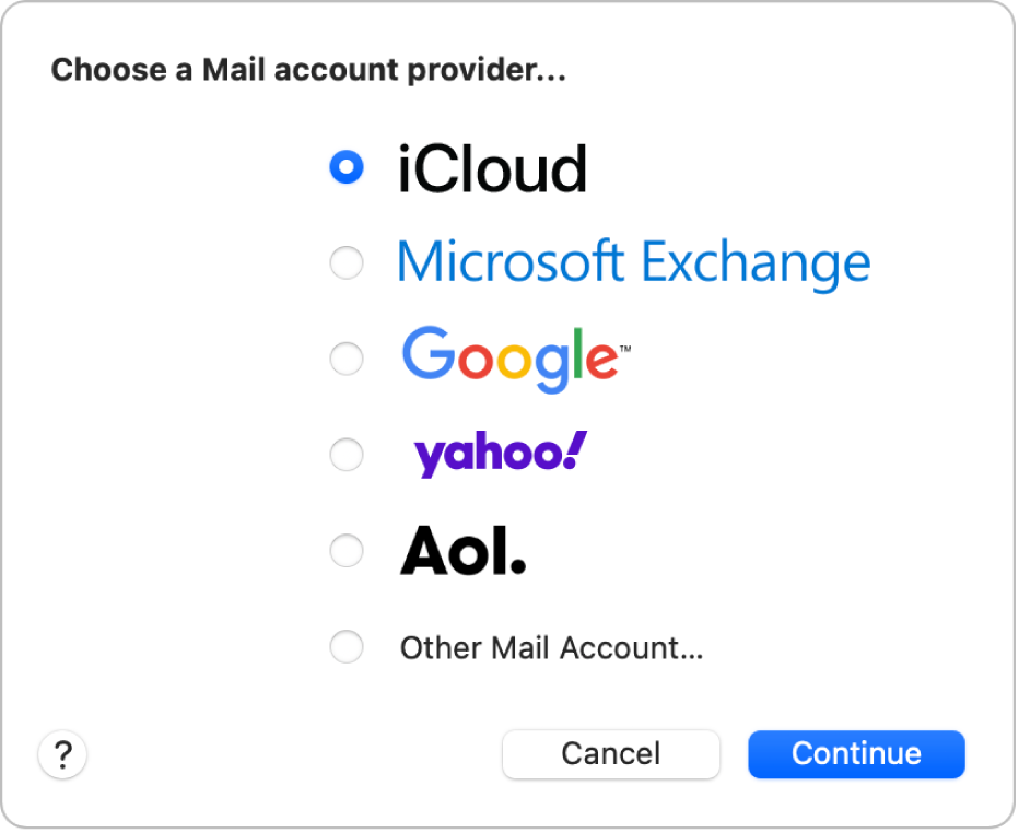 用以选取电子邮件账户类型的对话框，显示 iCloud、Microsoft Exchange、谷歌、雅虎、AOL 及“其他邮件账户”。