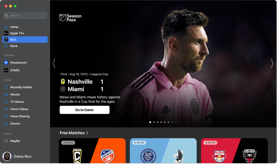 Az Apple TV app, amelyben az MLS szakasz van megnyitva.