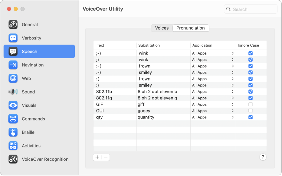 Settings for how VoiceOver should pronounce certain emoticons, numbers and abbreviations are shown in the Pronunciation pane of the Speech category in VoiceOver Utility.