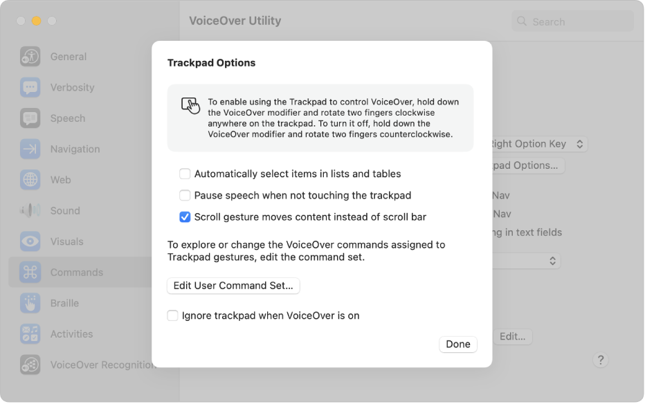 Una finestra di dialogo in Utility VoiceOver che mostra le impostazioni per utilizzare il trackpad per controllare VoiceOver.