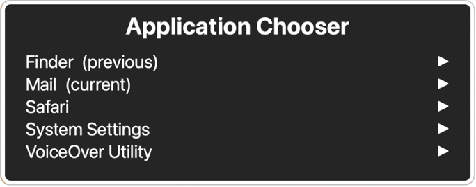 De appkiezer waarin vijf geopende apps vermeld staan, waaronder de Finder en Systeeminstellingen. Achter elk onderdeel in de lijst staat een pijl.