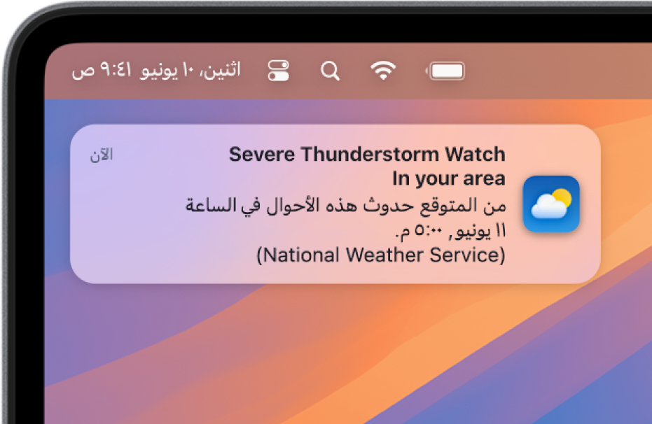 إشعار يُظهر تنبيهًا من خدمة الطقس الوطنية عن عاصفة رعدية قاسية.