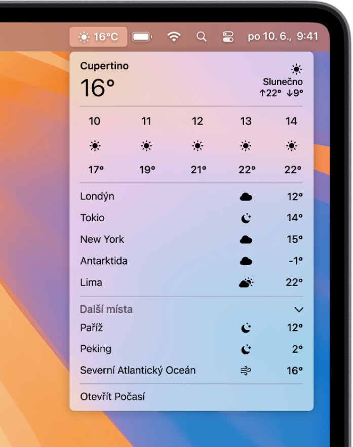 Získejte přístup k informacím o počasí z řádku nabídek.
