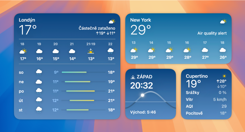 Malé, střední a velké widgety aplikace Počasí.