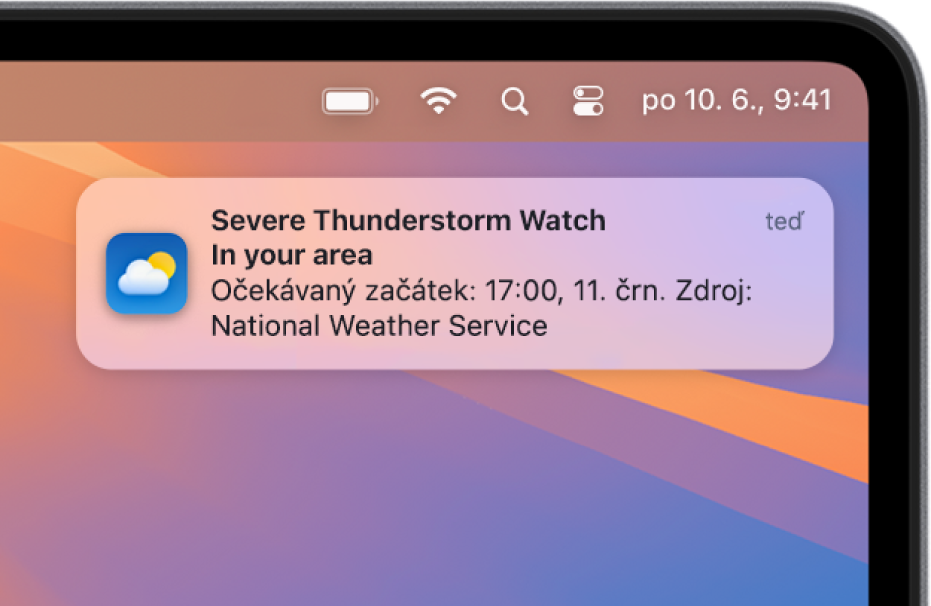 Oznámení s výstrahou ze státního hydrometeorologického ústavu upozorňující na extrémní bouřky.