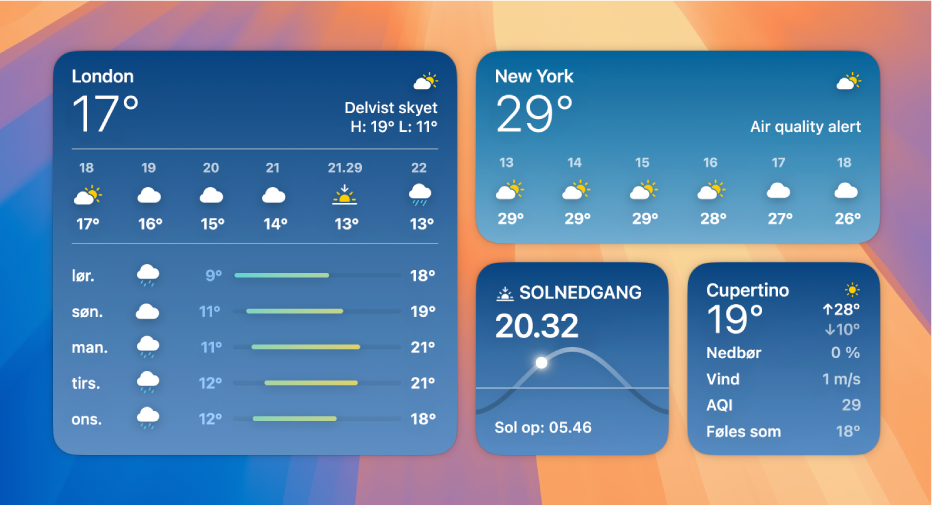 Små, mellemstore og store Vejr-widgets.