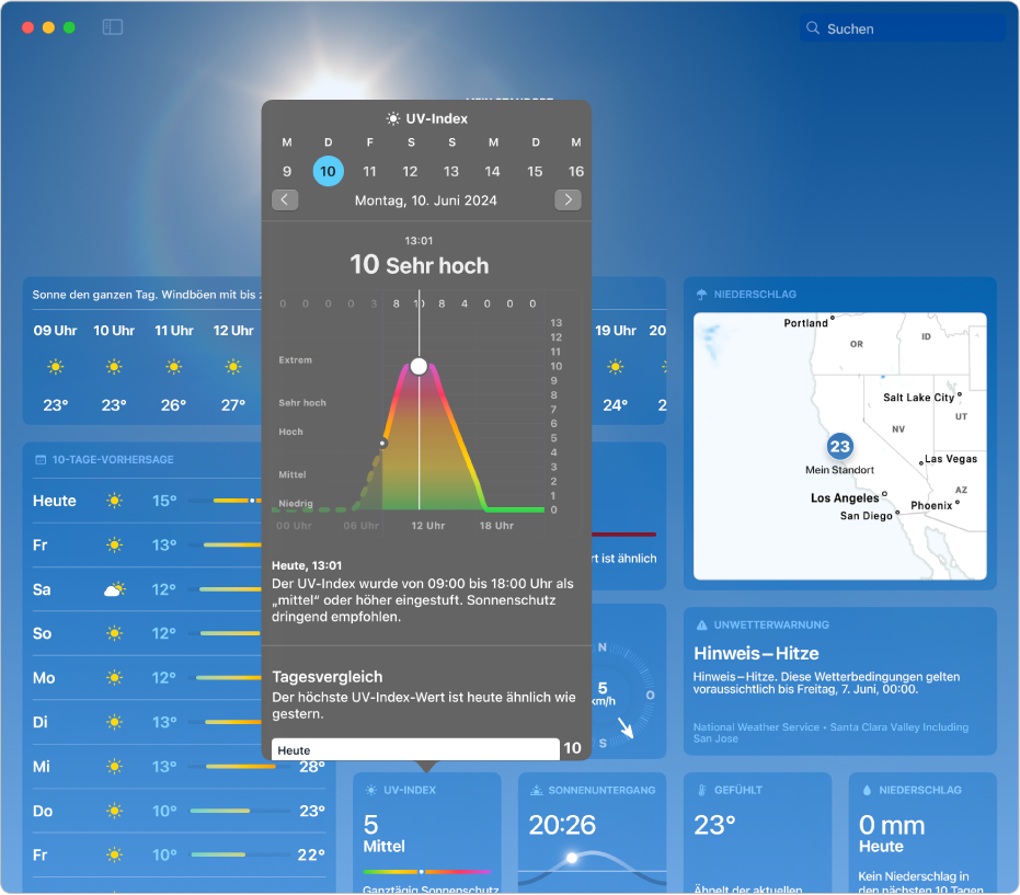 Das „Wetter“-Fenster mit Zusatzinformationen zum UV-Index mit einer grafischen Darstellung des UV-Index der Weltgesundheitsorganisation über den Tag hinweg sowie einer Beschreibung dieser Daten.