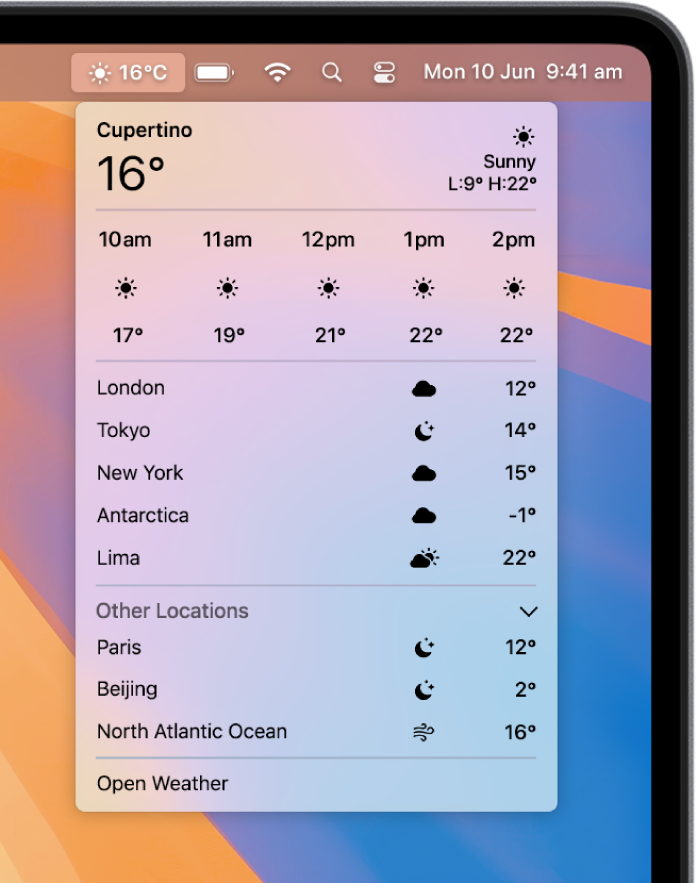 Access weather data in the menu bar.