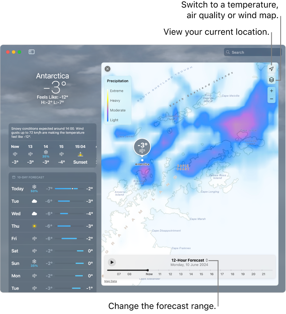 The Weather app, showing the location, the current temperature and weather conditions, hourly and 10-day forecasts, and a timeline.