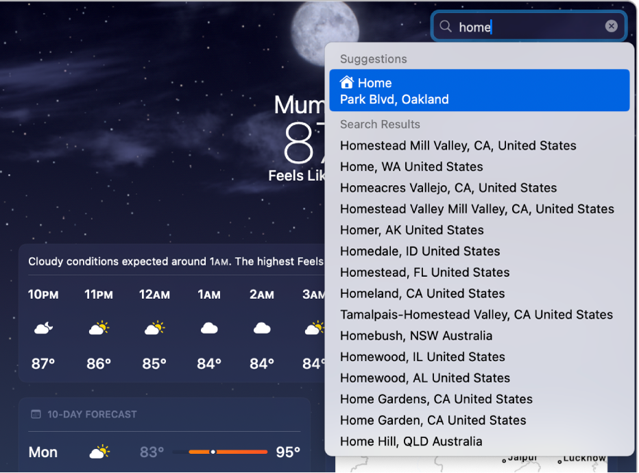 The Weather app with “home” entered in the search bar. The home address appears first, above the other search results.