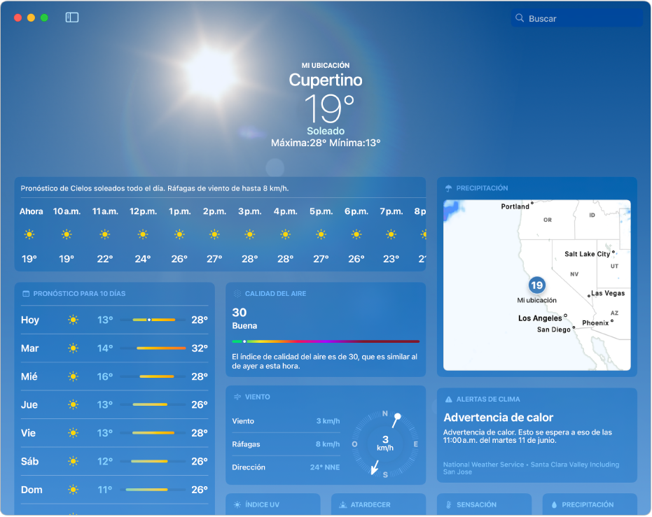 La ventana de la app Clima mostrando la temperatura y las condiciones actuales, las temperaturas mínimas y máximas del día, el pronóstico por hora, varios días del pronóstico a 10 días, y un mapa de precipitación.