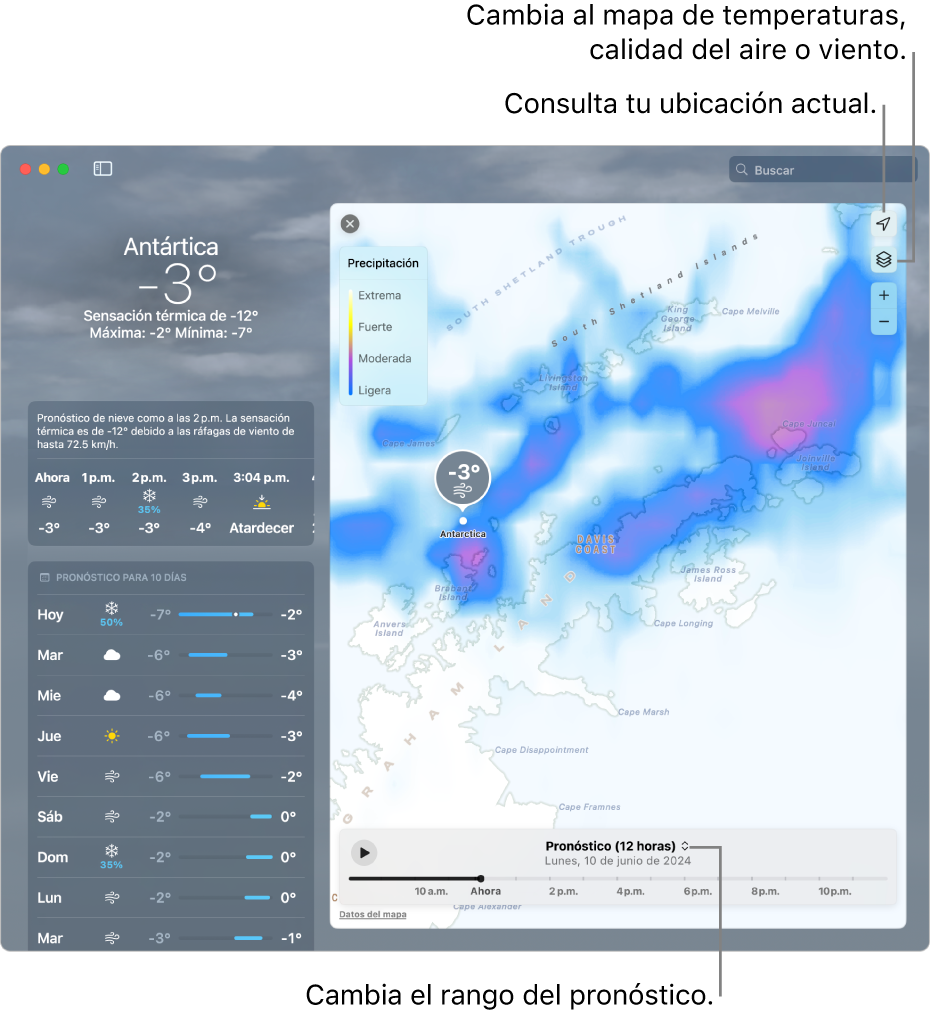 La ventana de la app Clima mostrando la ubicación, la temperatura y las condiciones del clima actuales, el pronóstico por hora y a 10 días, y una línea del tiempo.