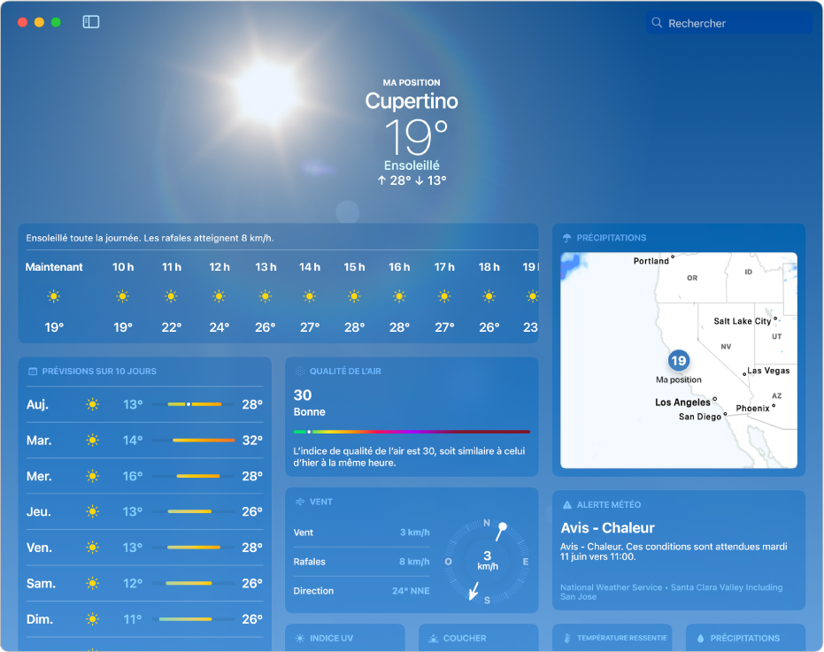 La fenêtre Météo affichant la température et les conditions actuelles, les températures maximales et minimales de la journée, les prévisions par heure, les prévisions sur 10 jours et une carte des précipitations.