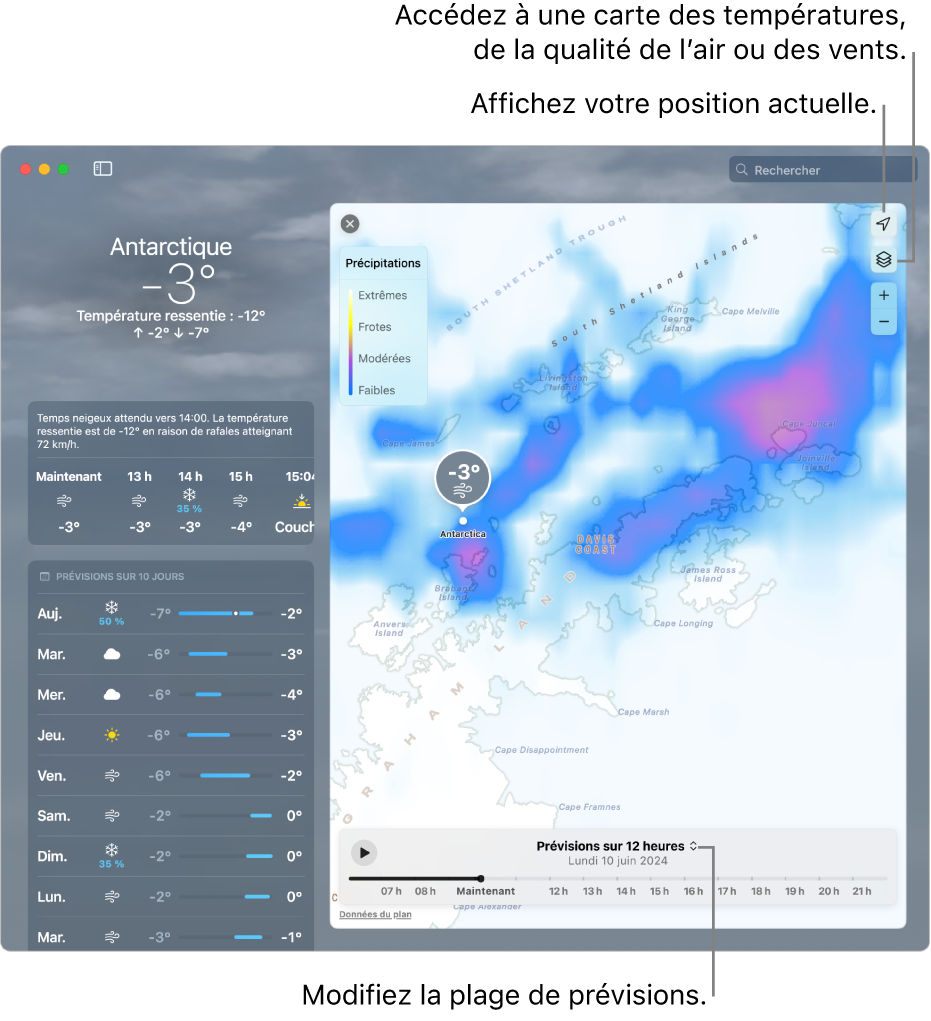 L’app Météo affichant le lieu, la température et les conditions actuelles, les prévisions horaires et sur 10 jours et la chronologie.