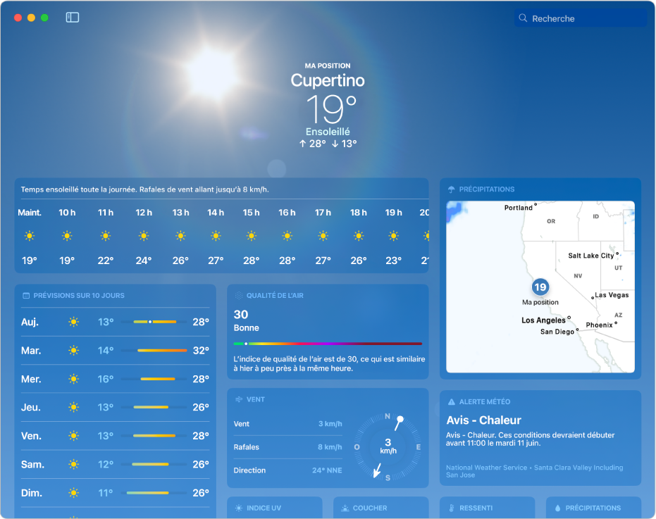 La fenêtre Météo affichant la température actuelle, les prévisions, les températures minimales et maximales de la journée, les prévisions heure par heure, plusieurs journées des prévisions sur 10 jours, ainsi qu’un plan des précipitations.