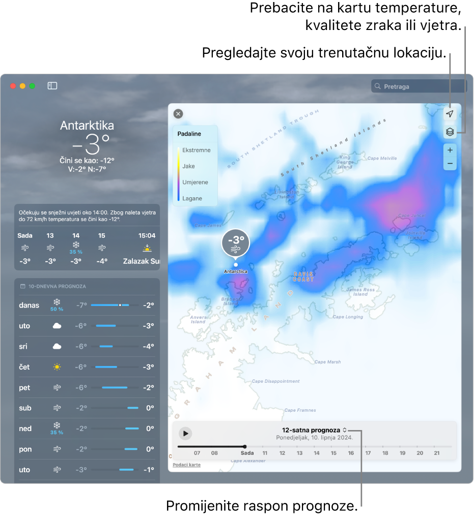 U aplikaciji Vrijeme prikazuje se lokacija, trenutačna temperatura i vremenski uvjeti, prognoza po satima i 10-dnevna prognoza te vremenska linija.