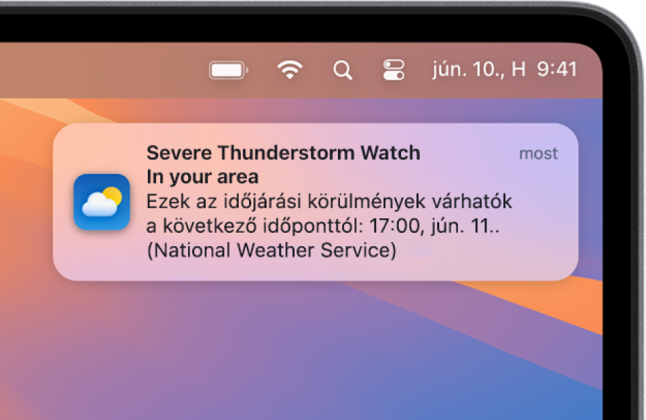 Egy értesítés amely az Országos Meteorológia Szolgálat extrém viharral kapcsolatos figyelmeztetését jeleníti meg.