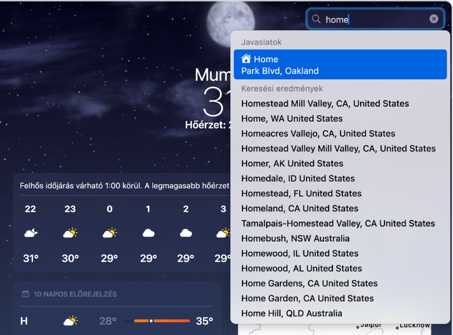 Az Időjárás app, amelynek a keresősávjában az „otthon” kifejezés van megadva. Az otthoni cím jelenik meg először a többi keresési találat felett.