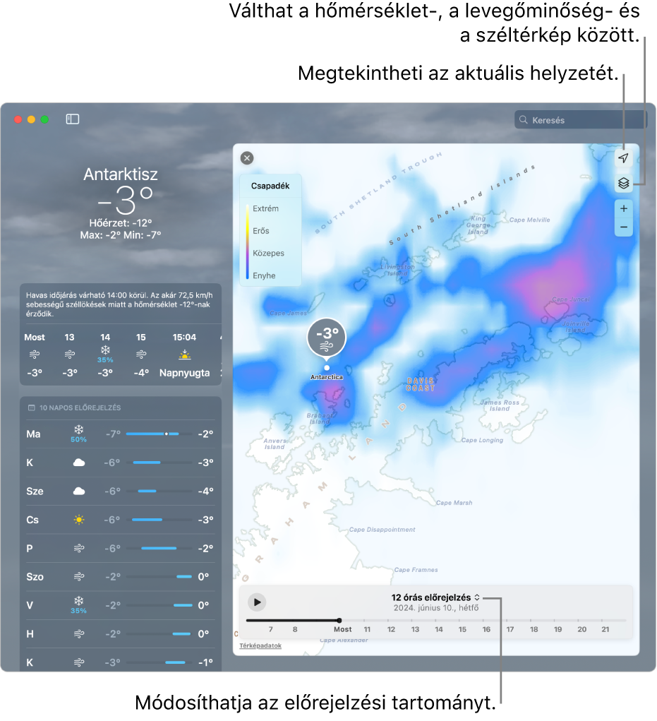 Az Időjárás app, amelyben a helyzet, az aktuális hőmérsékleti és időjárási körülmények, az órákra lebontott és a 10 napos előrejelzés, valamint egy idővonal látható.