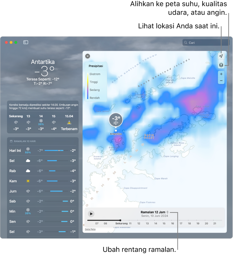 App Cuaca, yang menampilkan lokasi, suhu saat ini dan kondisi cuaca, ramalan per jam dan 10 hari, serta garis waktu.